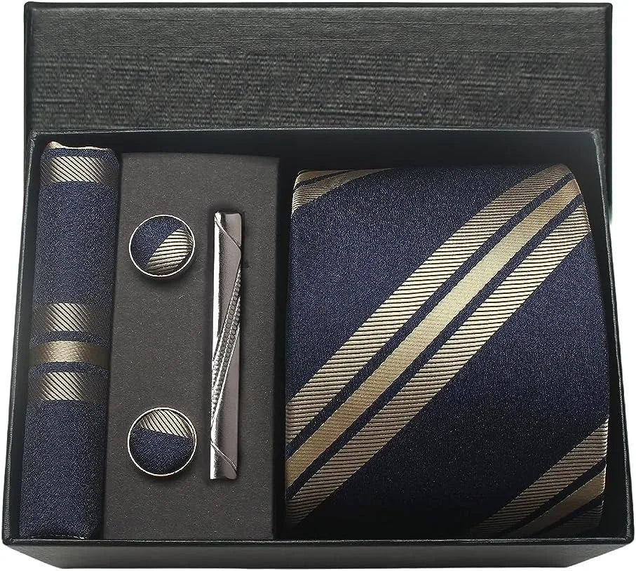 Classic 100% Silk Men's Ties In Gift box 8cm Plaid Dot Striped Business Necktie Handkerchief Cufflinks Wedding Party Tie Set