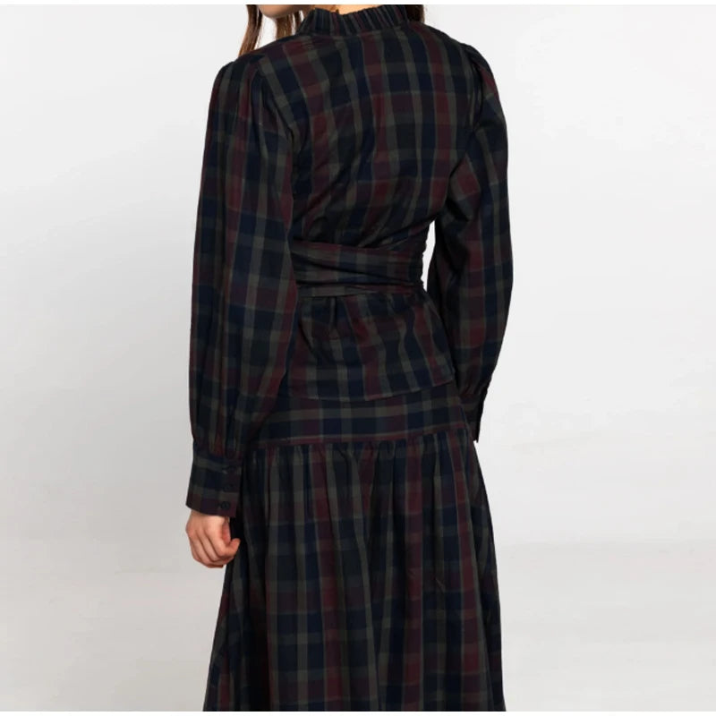 Women Chic Lace Up Checkered Skirt Suit Elegant V-neck Long Lantern Sleeve Top Long Skirts Set 2026 Spring Lady Commute outfits