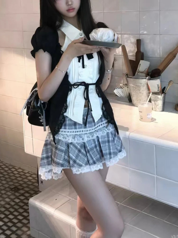 Fashion Sweet Lace Short Sleeve 2 Piece Set Women Design Chic Lapel Bow Patchwork Tops + High Waist Slim Plaid Short Skirt New