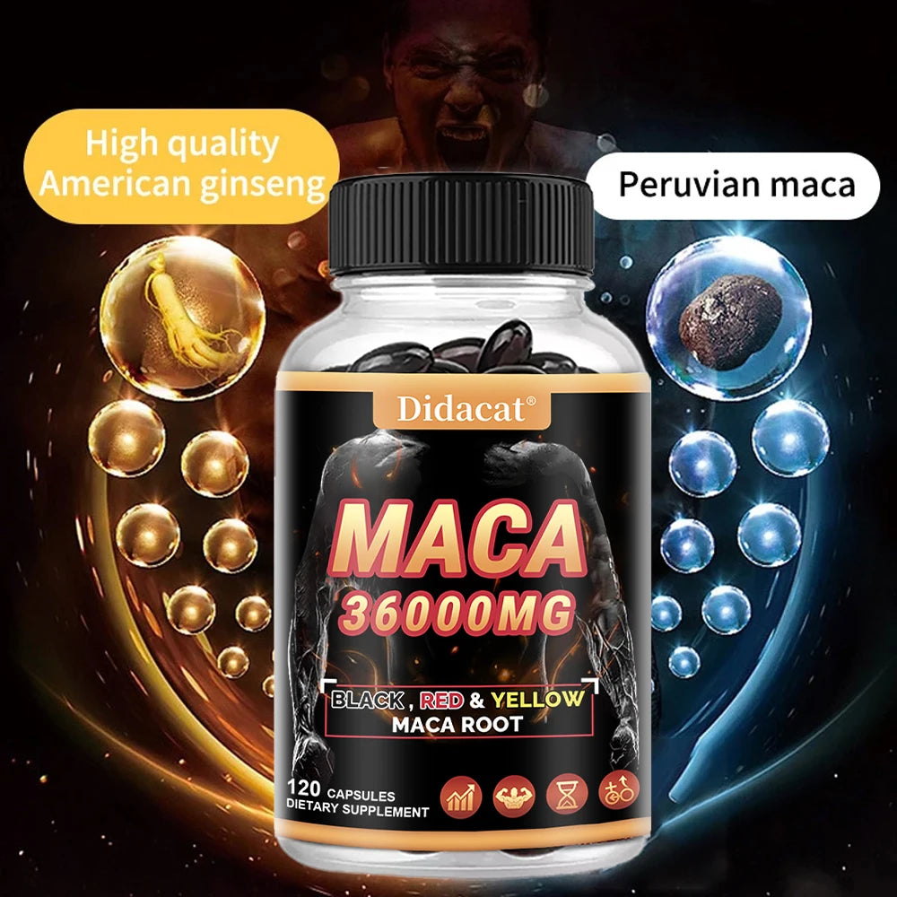 Organic Maca Root Powder Capsules with Black + Red + Yellow Maca Root Extract Supplement for Men and Women - 120 Capsules