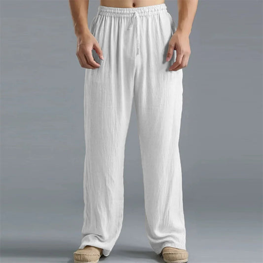 Men's Cotton Linen Straight Leg Pants Lightweight Breathable Trousers Beach Style Solid Color Casual Cozy Sweatpants