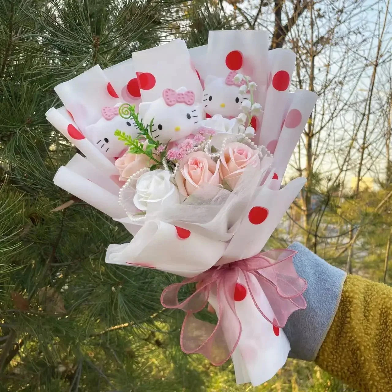 Kawaii Hello Kitty Cat Dolls With Artificial Flowers Creative Bouquet Christmas Valentine Birthday Graduation Gifts