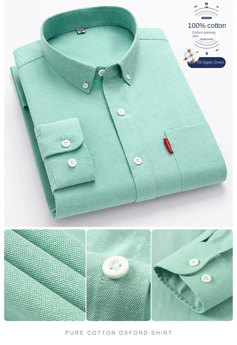 100% Pure Cotton Men's Solid Color Long Sleeve Shirt Youth Casual Cotton Oxford Spun Large Size Shirt Men's