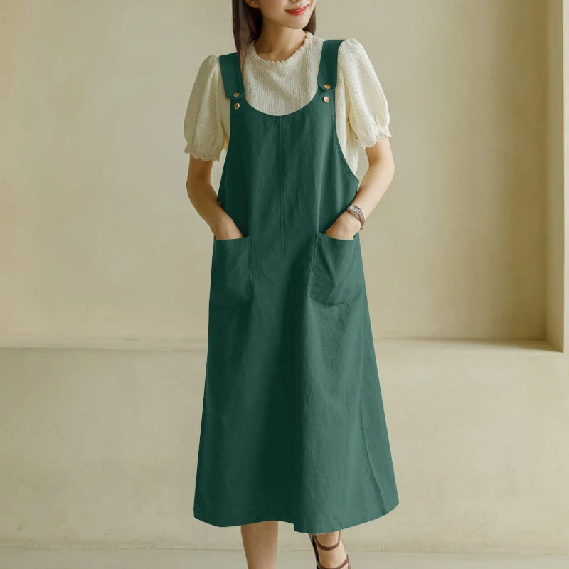 ZANZEA Women Tank Long Dress 2024 Summer Sleeveless Pockets Robe Casual Loose Adjust Suspender Sundress Fashion Solid Midi Dress