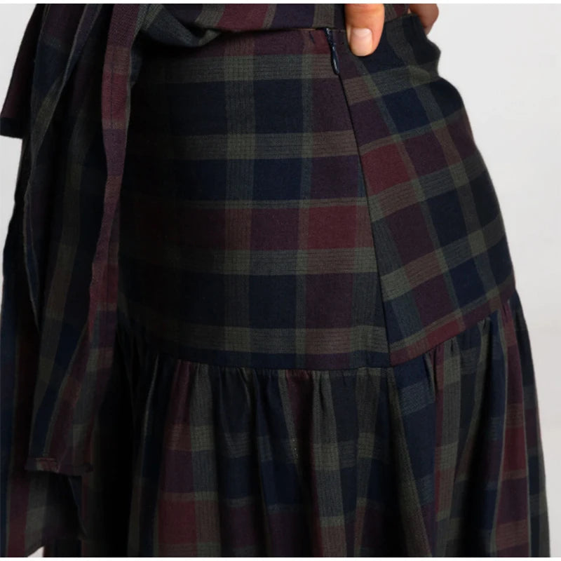 Women Chic Lace Up Checkered Skirt Suit Elegant V-neck Long Lantern Sleeve Top Long Skirts Set 2026 Spring Lady Commute outfits