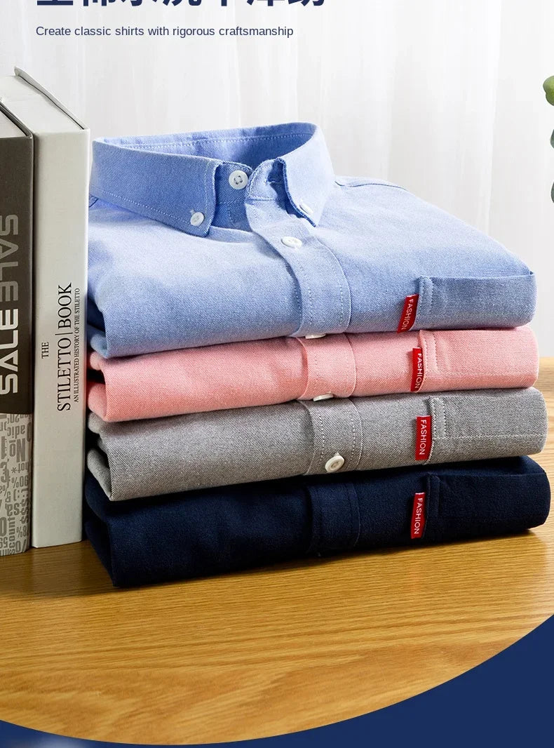 100% Pure Cotton Men's Solid Color Long Sleeve Shirt Youth Casual Cotton Oxford Spun Large Size Shirt Men's