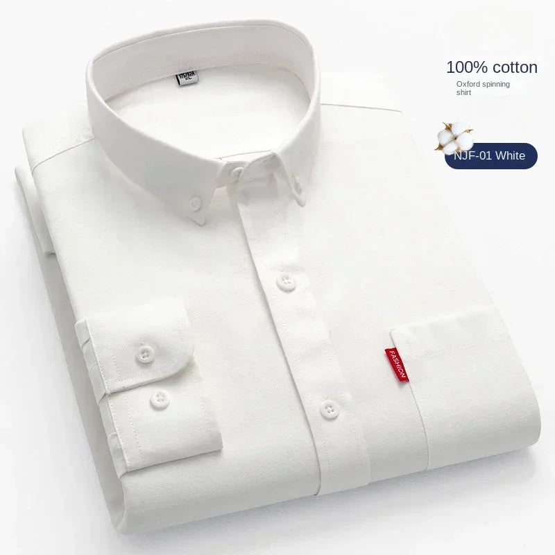 100% Pure Cotton Men's Solid Color Long Sleeve Shirt Youth Casual Cotton Oxford Spun Large Size Shirt Men's