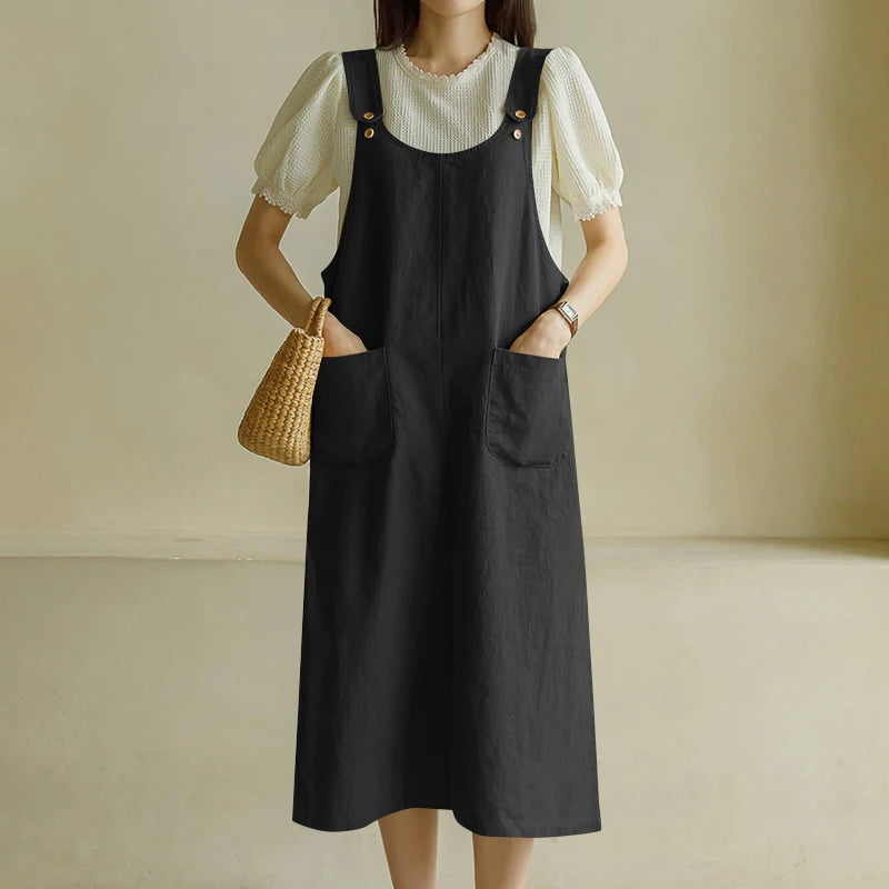 ZANZEA Women Tank Long Dress 2024 Summer Sleeveless Pockets Robe Casual Loose Adjust Suspender Sundress Fashion Solid Midi Dress