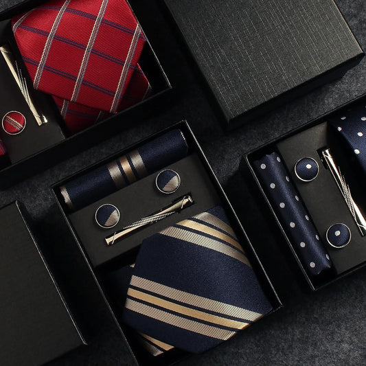 Classic 100% Silk Men's Ties In Gift box 8cm Plaid Dot Striped Business Necktie Handkerchief Cufflinks Wedding Party Tie Set
