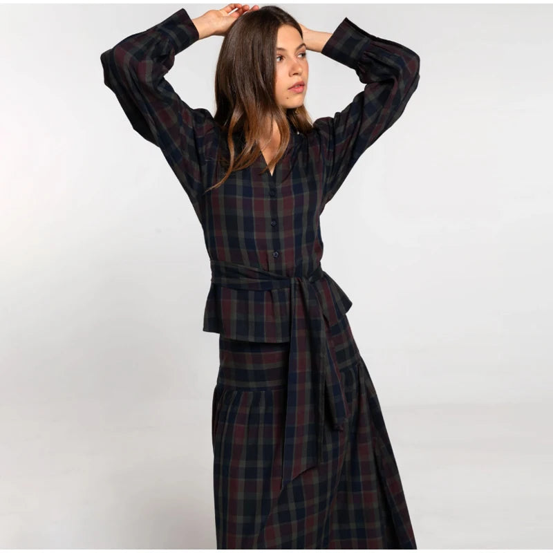Women Chic Lace Up Checkered Skirt Suit Elegant V-neck Long Lantern Sleeve Top Long Skirts Set 2026 Spring Lady Commute outfits