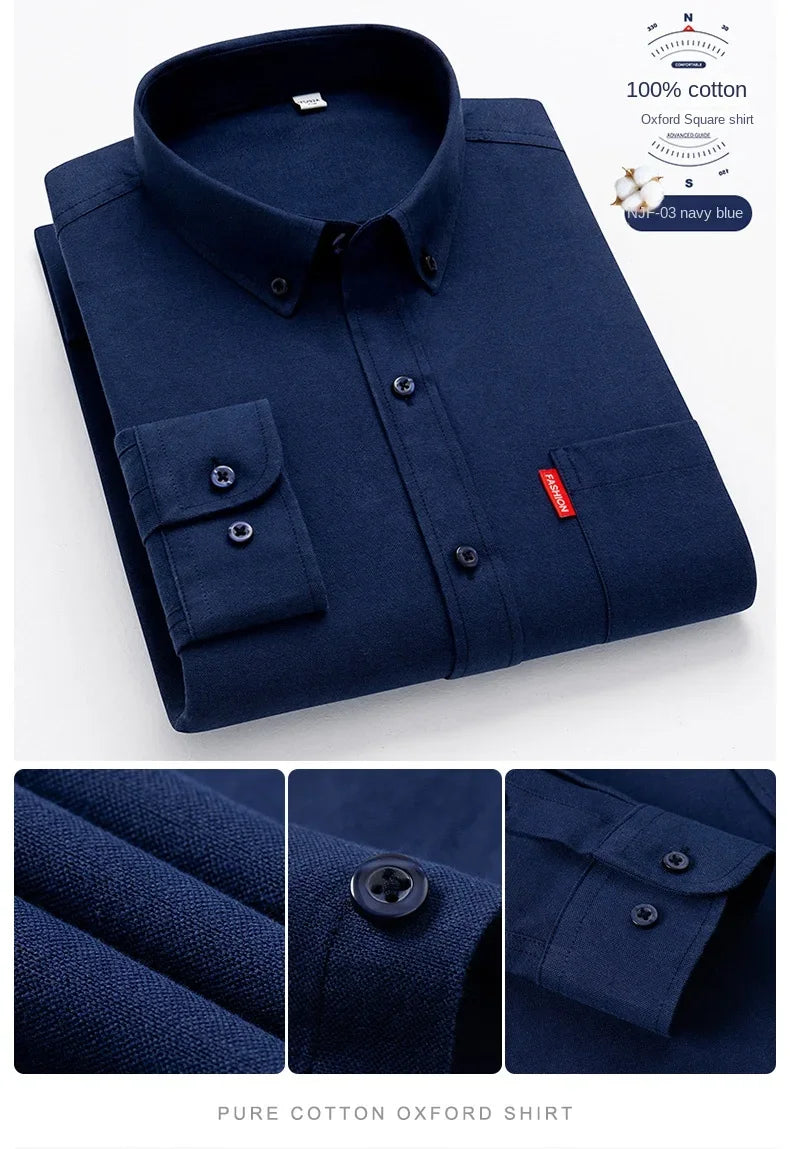 100% Pure Cotton Men's Solid Color Long Sleeve Shirt Youth Casual Cotton Oxford Spun Large Size Shirt Men's