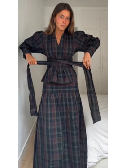 Women Chic Lace Up Checkered Skirt Suit Elegant V-neck Long Lantern Sleeve Top Long Skirts Set 2026 Spring Lady Commute outfits