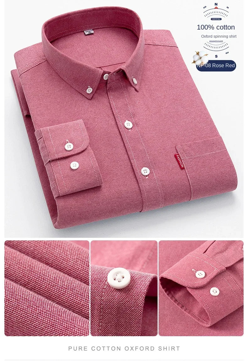 100% Pure Cotton Men's Solid Color Long Sleeve Shirt Youth Casual Cotton Oxford Spun Large Size Shirt Men's