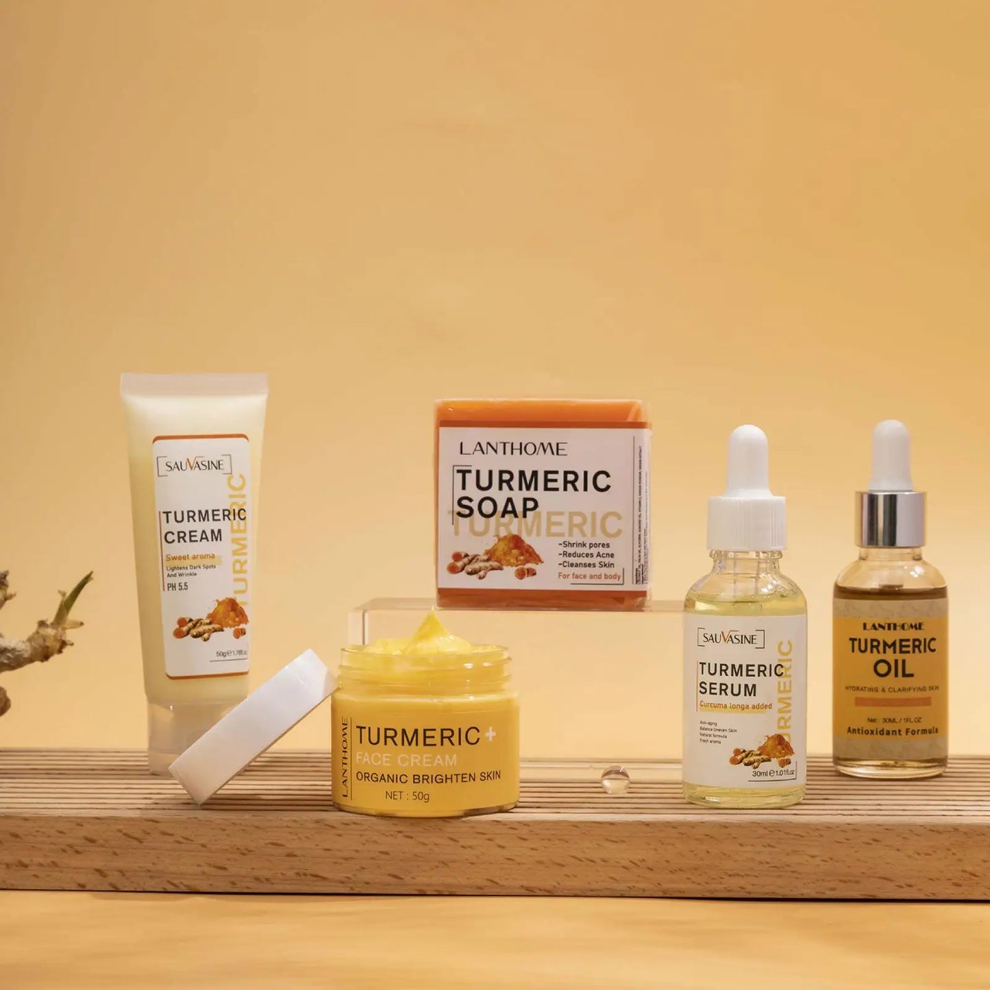 5 Piece Set Turmeric Facial Care Acne Cleansing Cream,Anti-Aging Serum,Dark Spot Moisturizer Fade Spots for Radiant Skin Care