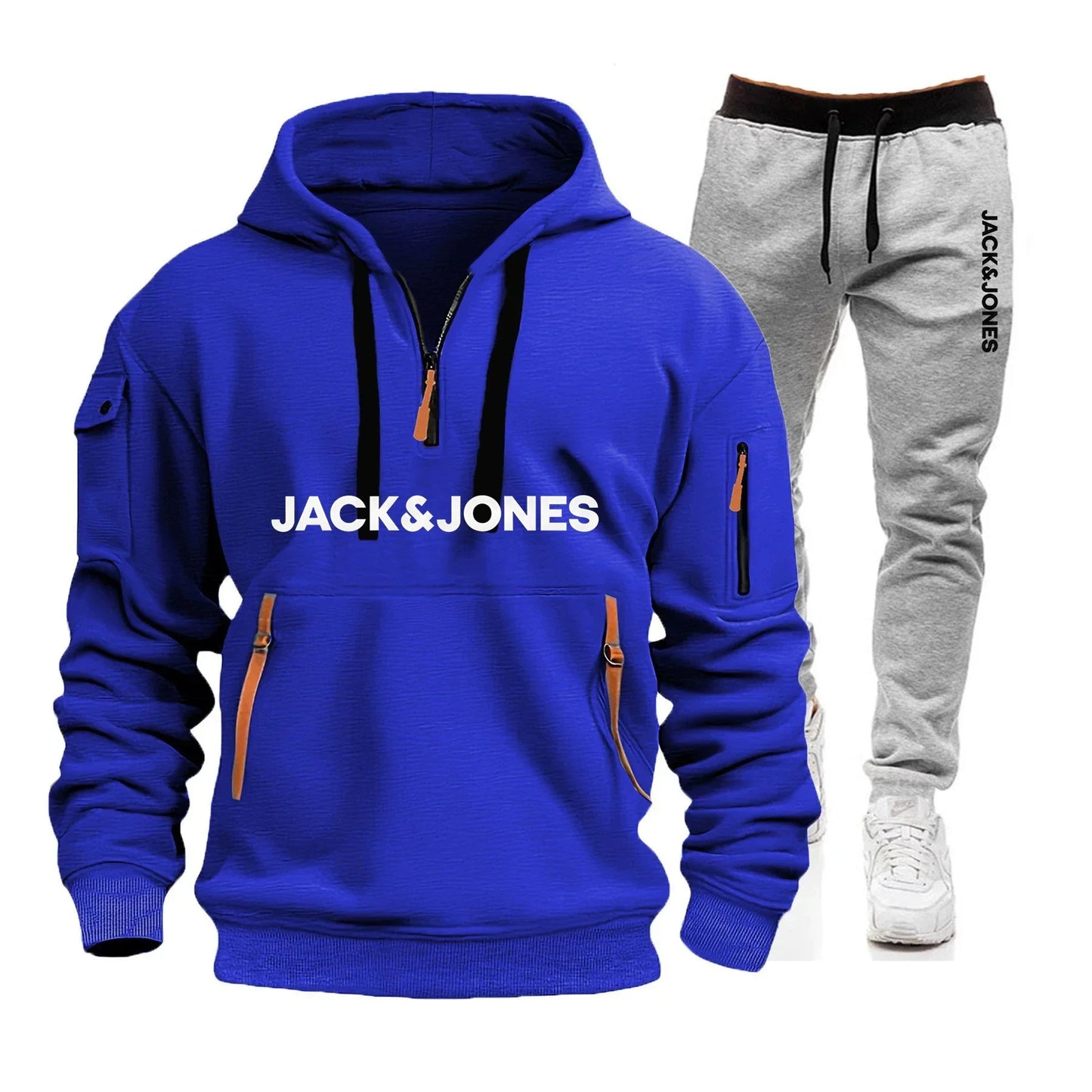 Two sets of men's sportswear for autumn/Winter 2025, including a sweatshirt and two sets of fitness jogging pants with wool caps
