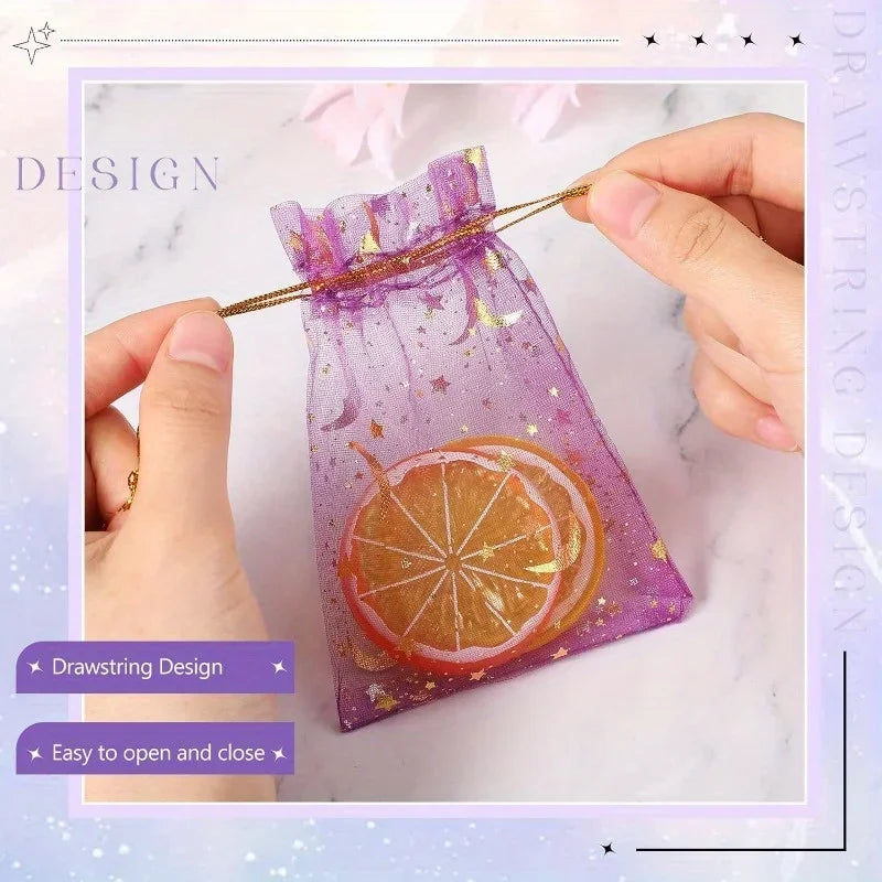100PCS Moon Stars Drawstring Organza Bags Jewelry Gift Bags Pouches Gold Star Organza Pouches for Christmas Wedding Gift Bags