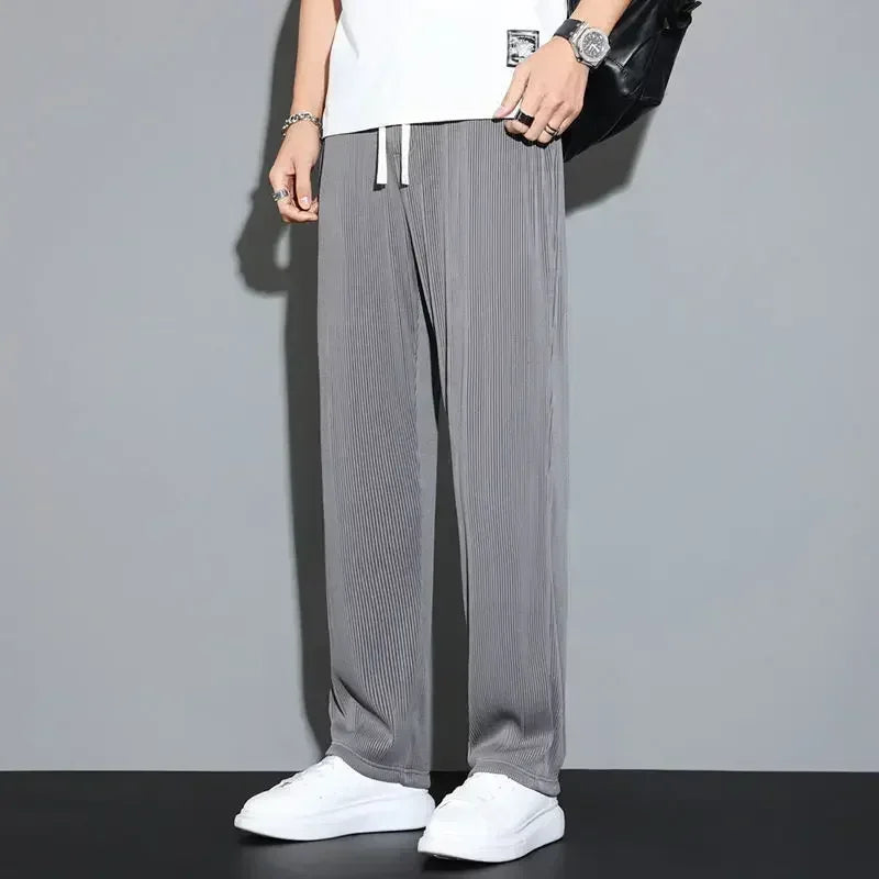 Summer Loose Ice Silk Pants Men's Drape 100KG Size Long Pants Fat Casual Sports Pants Wide Leg Straight Pants Tide Brand