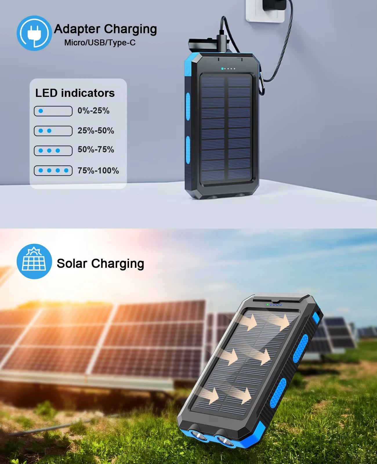 Gaiaray Dual USB Travel Large Capacity LED Lighting 30000mAh Solar Power Bank Camping Spare Power Outdoor Waterproof Power Bank