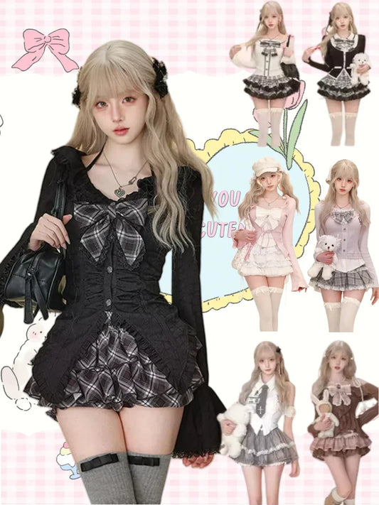 Japanese Sweet Preppy Style 2 Piece Set Women Kawaii Lace Patchwork Bow Tops + Y2k Plaid Mini Skirt Elegant Fashion Outifits New