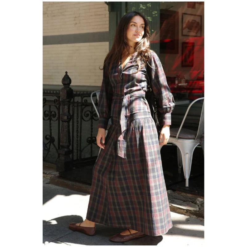 Women Chic Lace Up Checkered Skirt Suit Elegant V-neck Long Lantern Sleeve Top Long Skirts Set 2026 Spring Lady Commute outfits