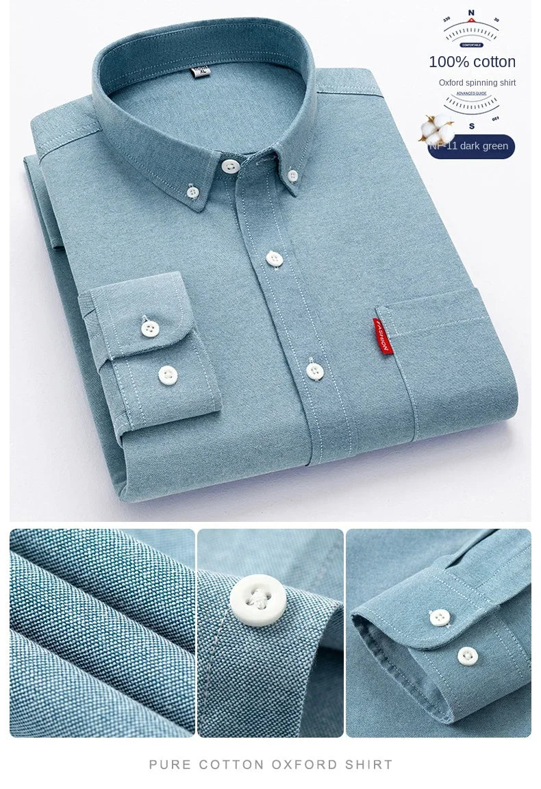 100% Pure Cotton Men's Solid Color Long Sleeve Shirt Youth Casual Cotton Oxford Spun Large Size Shirt Men's