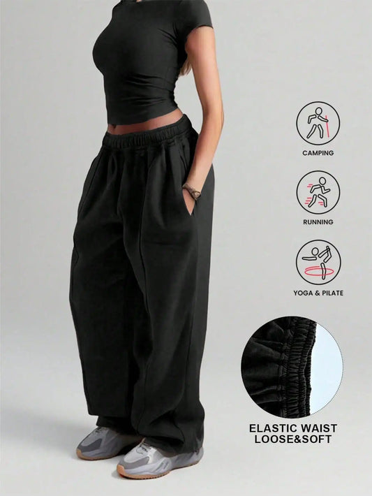 Plus Size New Women‘s Fashion Fitness Sweatpants Wide Leg Straight Ladies Casual High Waisted Solid Color Sports Pants