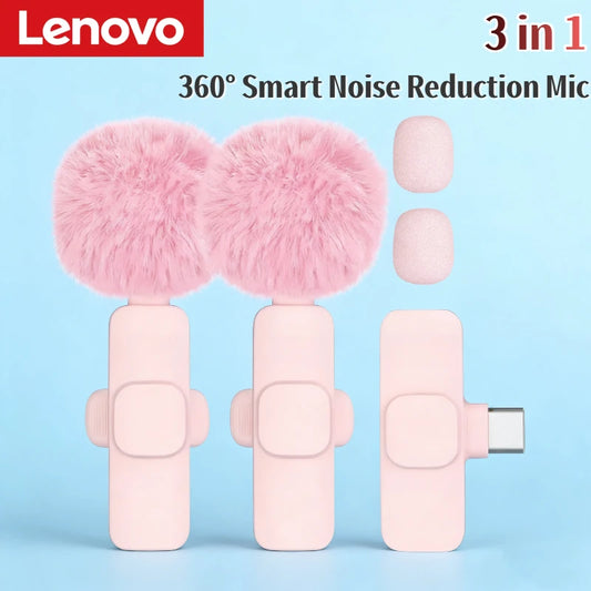 Lenovo Pink Wireless Lavalier Microphone Phone Portable Audio Video Recording Vlog Microphone for iPhone Android PC Live Gaming