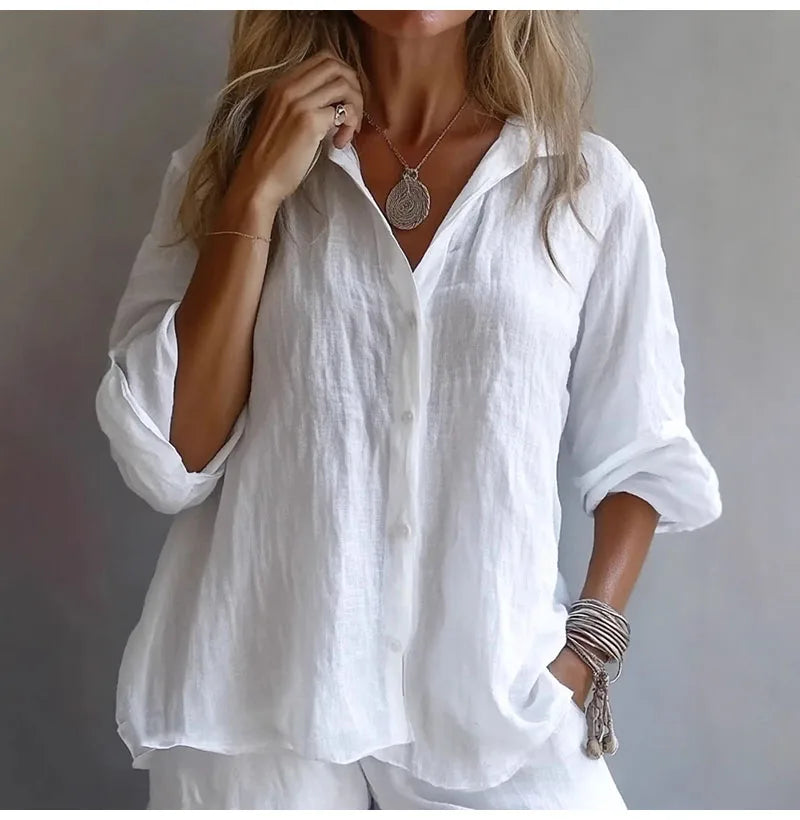 Casual Linen Long Sleeve Blouse Women 2025 Summer Fashion Turn-down Collar Loose Shirts White Blouses Femme Tops Elegant