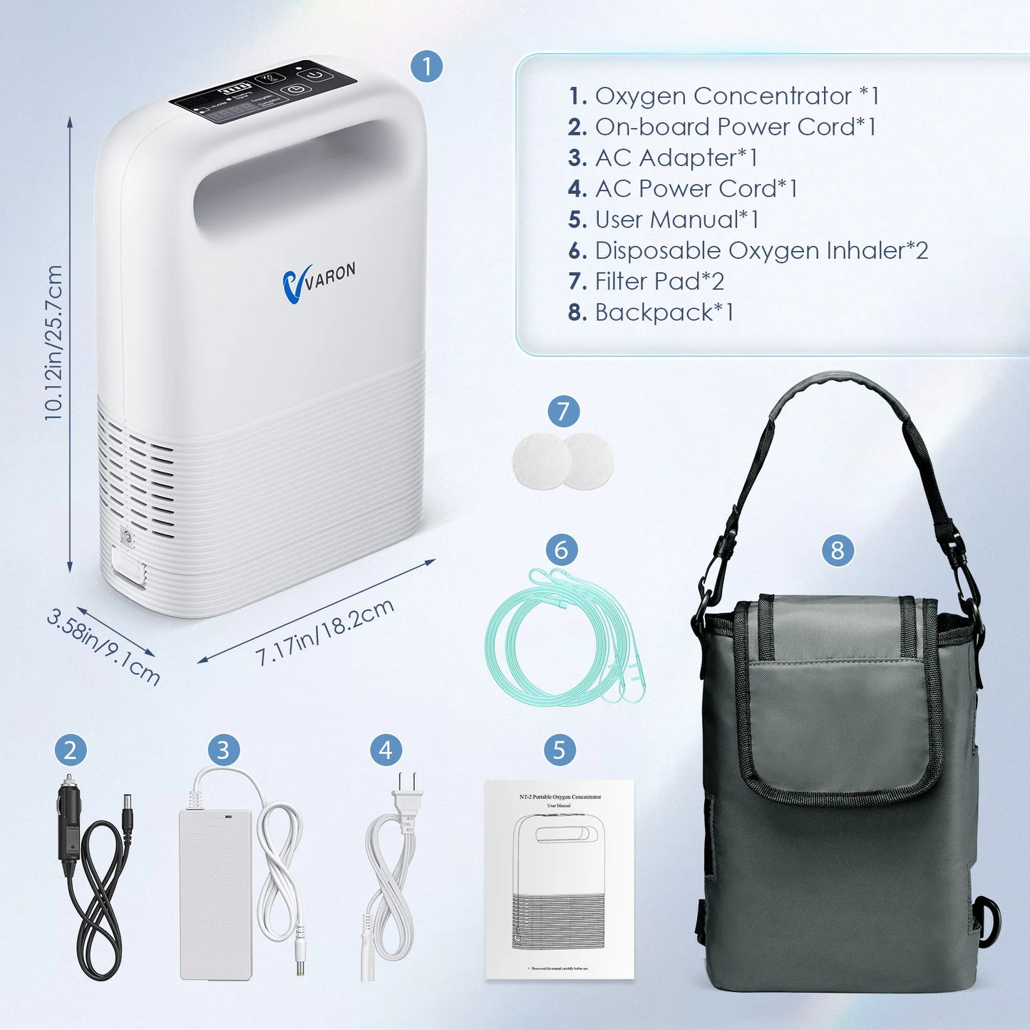 Varon Portable 93±3% Oxygen Concentration Pulse Dual Oxygen Delivery Modes 6 Levels Rechargeable Battery For Outdoor Travel Use
