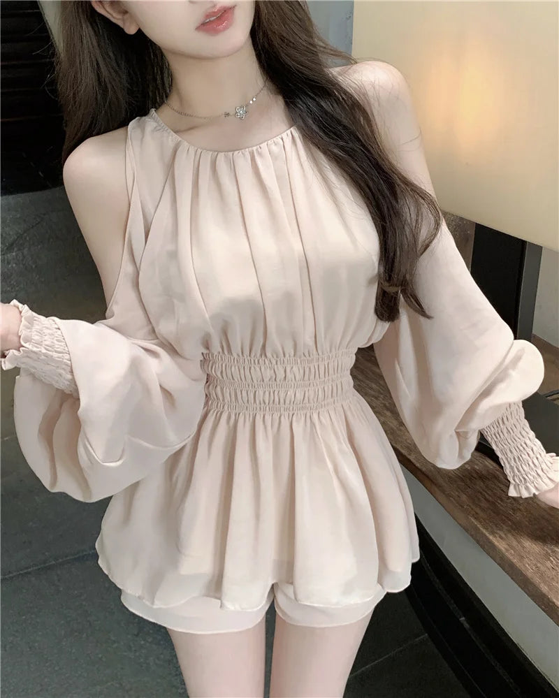 oulder Bared Bubble Sve High Waist ort Set Women's Faion 2025 Autumn Spring Chiffon Top And orts Two Piece Set
