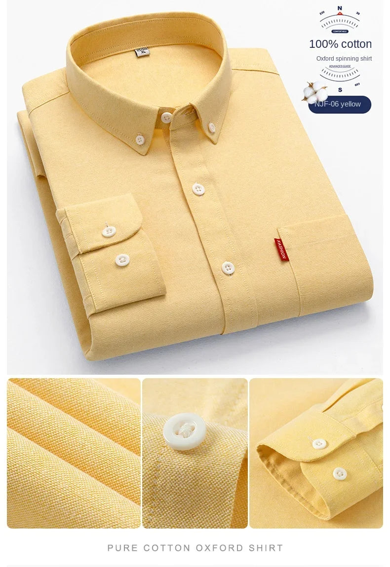 100% Pure Cotton Men's Solid Color Long Sleeve Shirt Youth Casual Cotton Oxford Spun Large Size Shirt Men's