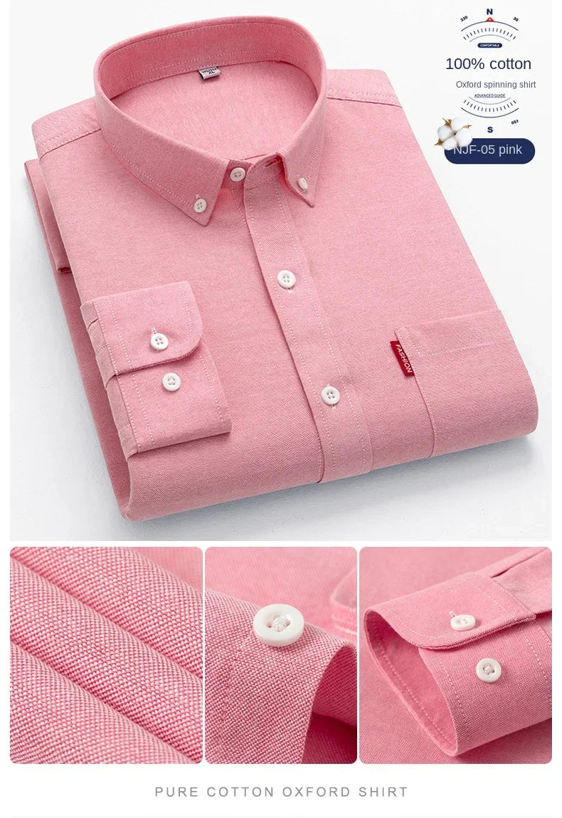 100% Pure Cotton Men's Solid Color Long Sleeve Shirt Youth Casual Cotton Oxford Spun Large Size Shirt Men's