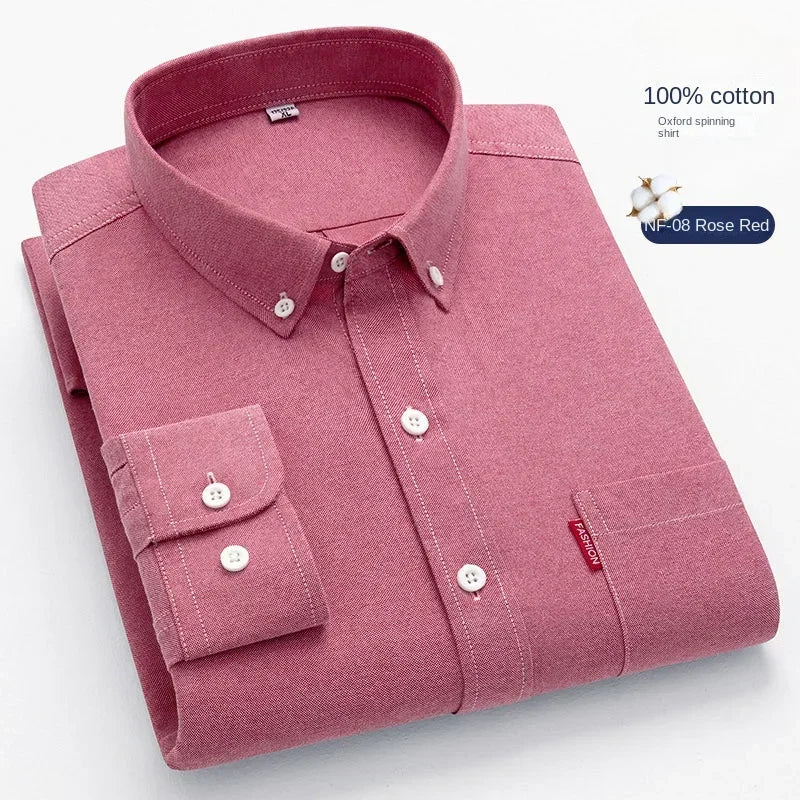 100% Pure Cotton Men's Solid Color Long Sleeve Shirt Youth Casual Cotton Oxford Spun Large Size Shirt Men's
