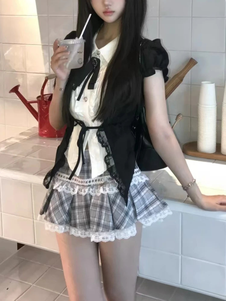 Fashion Sweet Lace Short Sleeve 2 Piece Set Women Design Chic Lapel Bow Patchwork Tops + High Waist Slim Plaid Short Skirt New