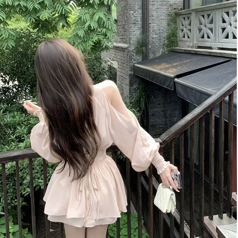 oulder Bared Bubble Sve High Waist ort Set Women's Faion 2025 Autumn Spring Chiffon Top And orts Two Piece Set