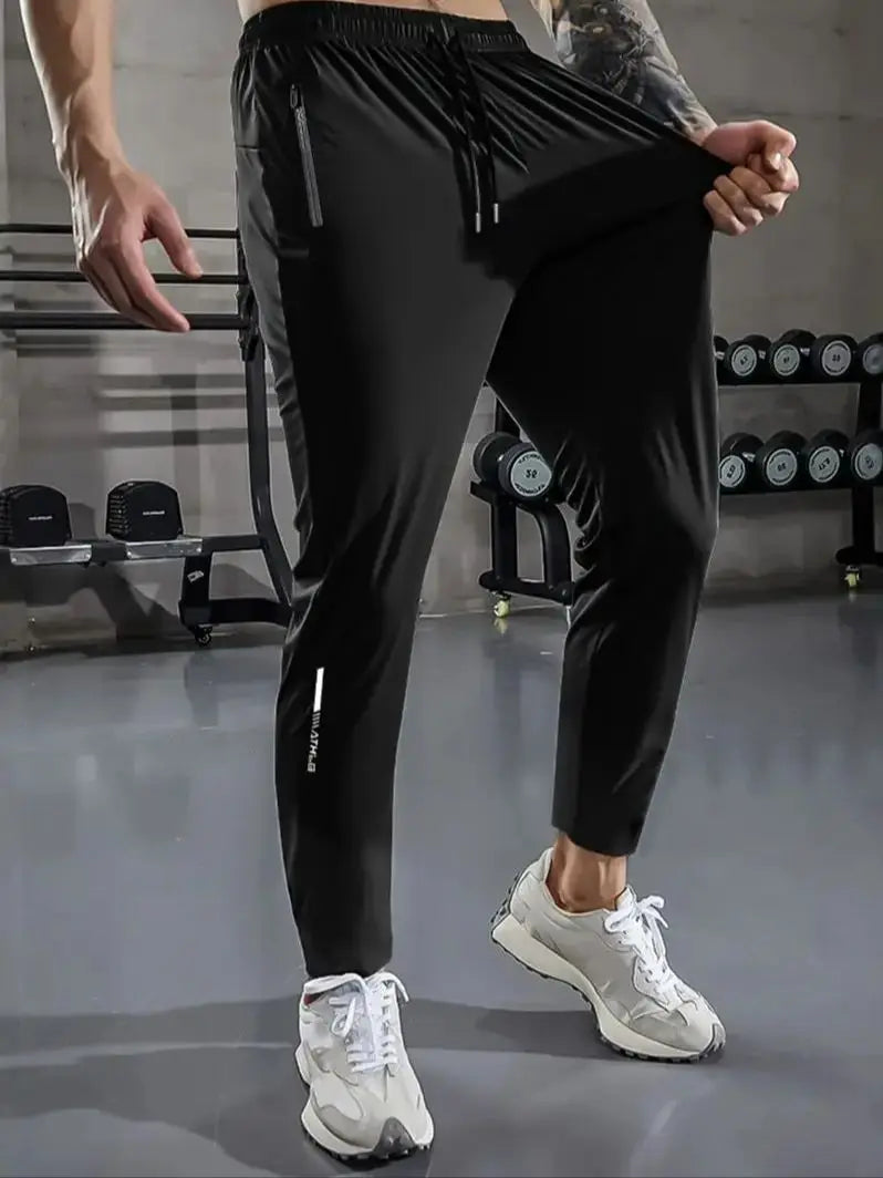 [Home Relaxation] Men's Casual Sports Pants, High Stretch Woven Fabric, Solid Color, Regular Fit with Drawstring Waist and Zippe