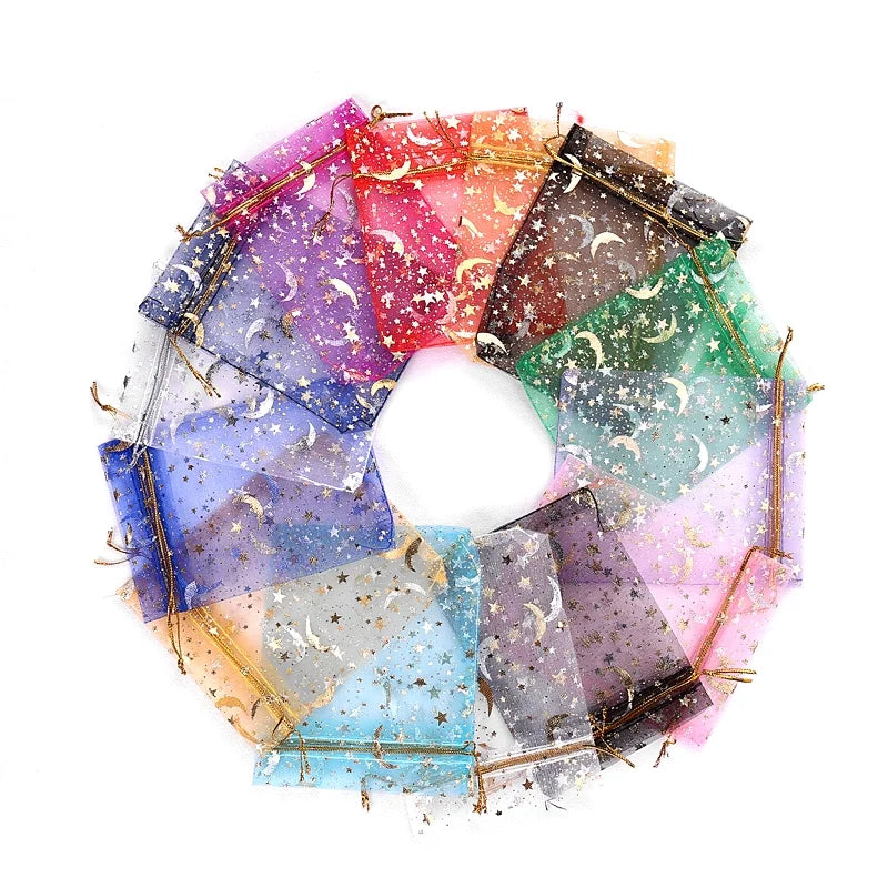 100PCS Moon Stars Drawstring Organza Bags Jewelry Gift Bags Pouches Gold Star Organza Pouches for Christmas Wedding Gift Bags