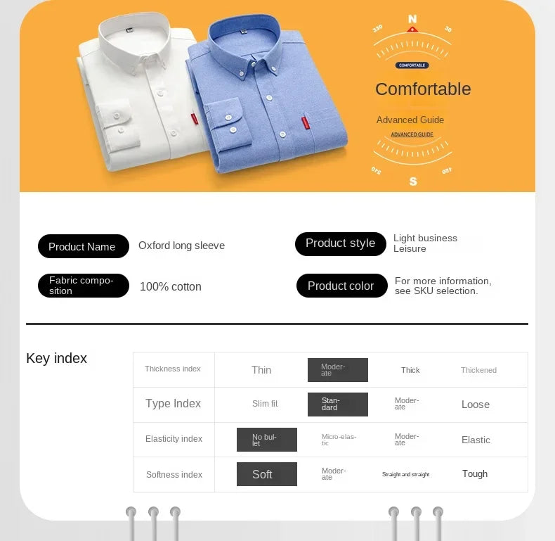 100% Pure Cotton Men's Solid Color Long Sleeve Shirt Youth Casual Cotton Oxford Spun Large Size Shirt Men's