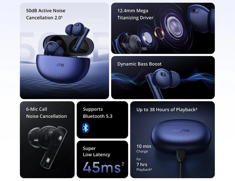 Global Version realme Buds Air 5 TWS Earphone 50dB Active Noise Cancellation Wireless Headphone 38Hour Battery Life Bluetooth5.3