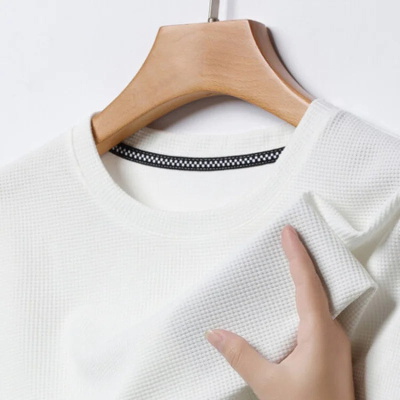 Men's Waffle Knit Short Sleeve T-Shirt Casual Solid Color Crew Neck Soft Comfortable Top for Summer