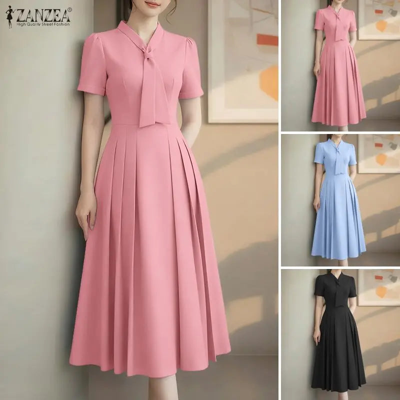 ZANZEA Elegant Office Lady Dresses Women 2026 Summer Dress Stylish A Line Waisted Party Sundress Short Sleeve Pleated Midi Robe