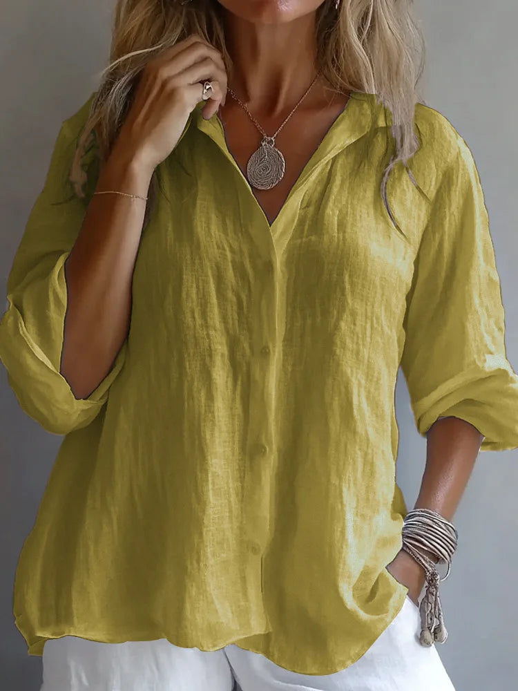 Casual Linen Long Sleeve Blouse Women 2025 Summer Fashion Turn-down Collar Loose Shirts White Blouses Femme Tops Elegant