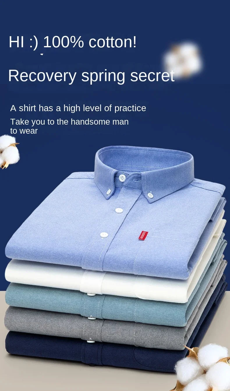 100% Pure Cotton Men's Solid Color Long Sleeve Shirt Youth Casual Cotton Oxford Spun Large Size Shirt Men's