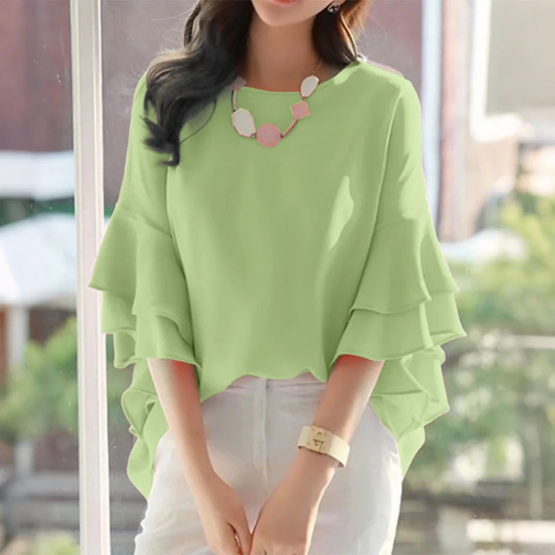 ZANZEA 2025 Fashion Summer Blouse Women Flare Sleeve Casual Tops Loose Ruffled Shirts Solid Color Elegant OL Blusas Femininas