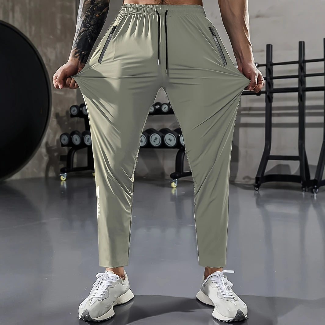 [Home Relaxation] Men's Casual Sports Pants, High Stretch Woven Fabric, Solid Color, Regular Fit with Drawstring Waist and Zippe