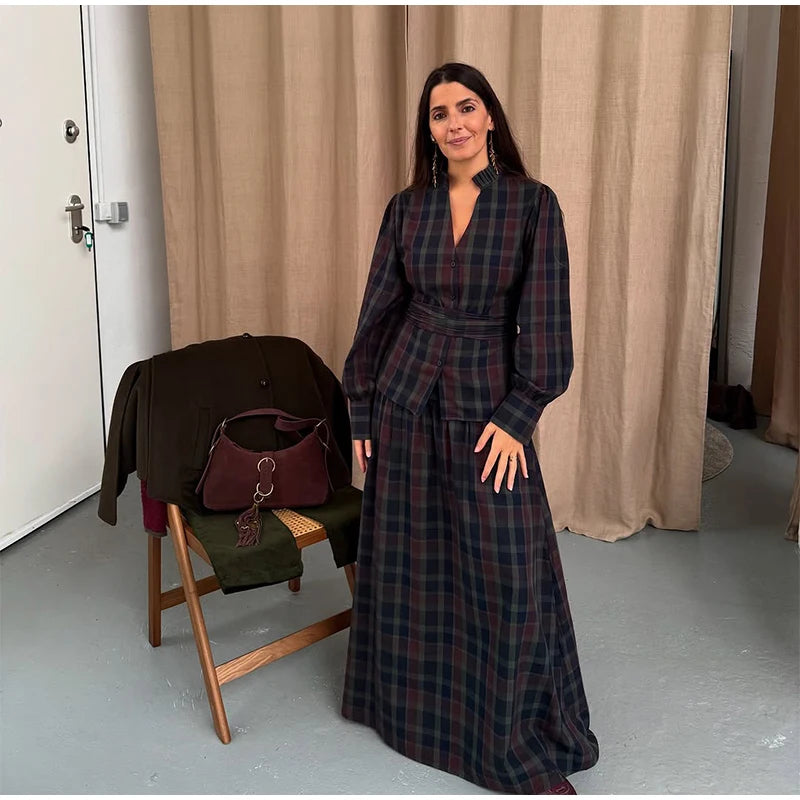 Women Chic Lace Up Checkered Skirt Suit Elegant V-neck Long Lantern Sleeve Top Long Skirts Set 2026 Spring Lady Commute outfits