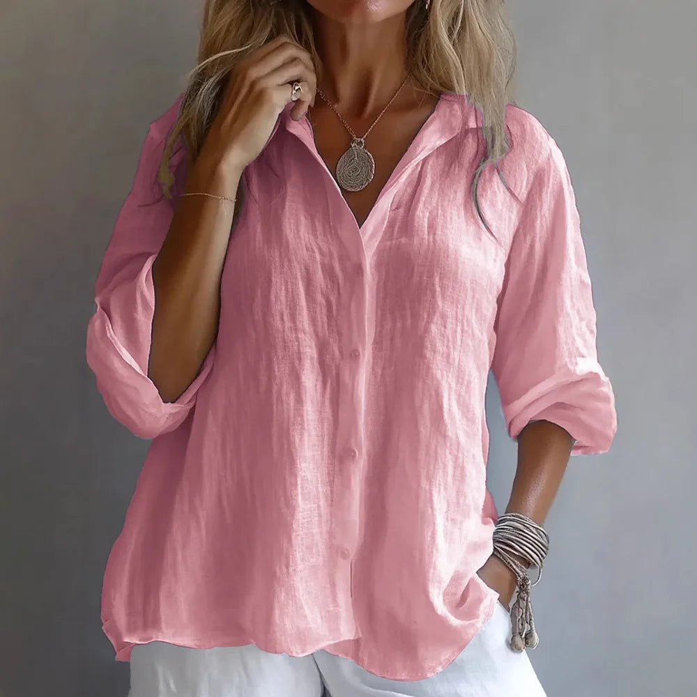 Casual Linen Long Sleeve Blouse Women 2025 Summer Fashion Turn-down Collar Loose Shirts White Blouses Femme Tops Elegant