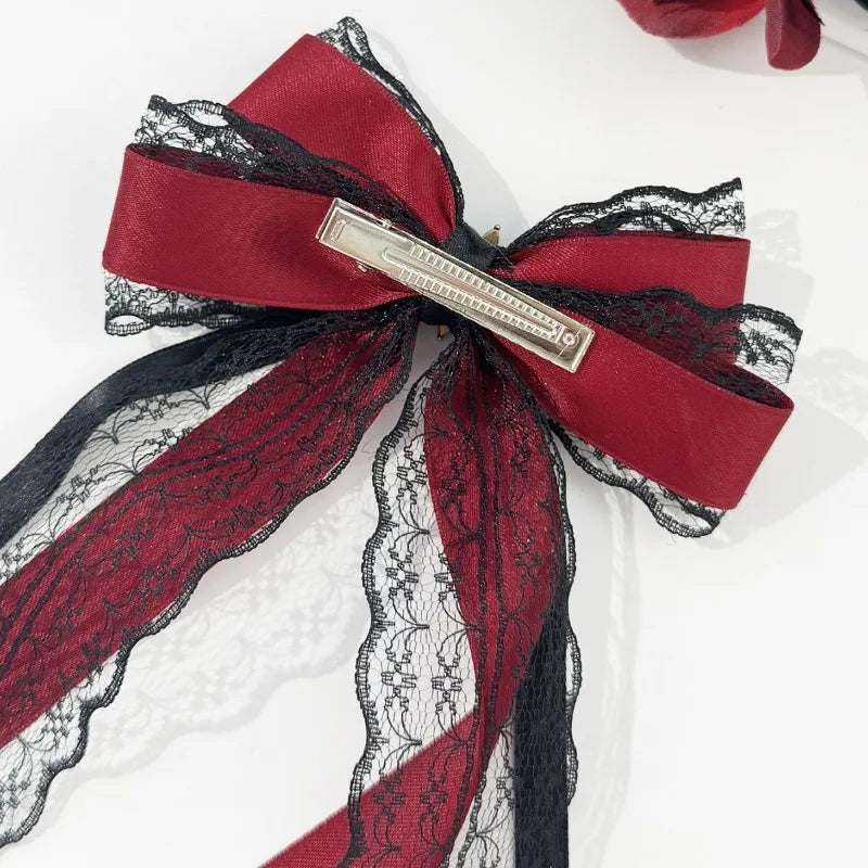 1Pcs Dark Lace Bow Hair Accessories Red Black Cross Love Hair Clip Gothic Lolita Headwear Accessories Butterfly Hair Clip