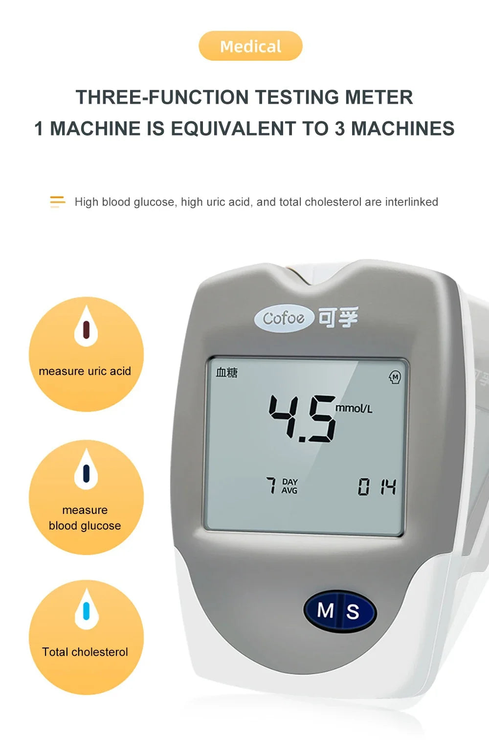 3 in 1 Multi-function Cholesterol Meter Blood Glucose Monitor  Analyzer 10CHOL Strip