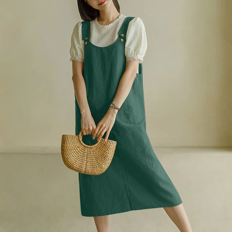 ZANZEA Women Tank Long Dress 2024 Summer Sleeveless Pockets Robe Casual Loose Adjust Suspender Sundress Fashion Solid Midi Dress